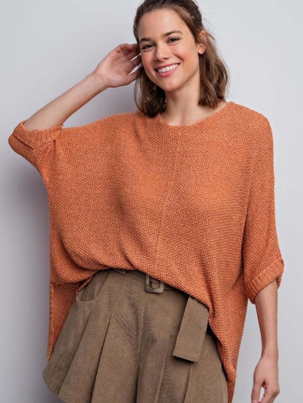 181 | Oversized Lightweight Dolman Sweater Knit Top - Terra Cotta